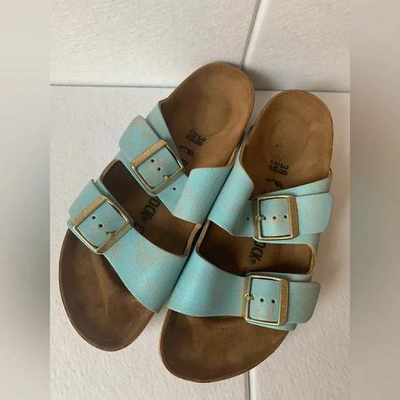 Women’s Birkenstock Arizona Washed Metallic Aqua Sandals Shoes 38 - Picture 2 of 4